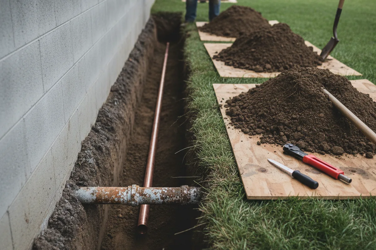 Excavated water line trench during Water Softener Installation in Seaside